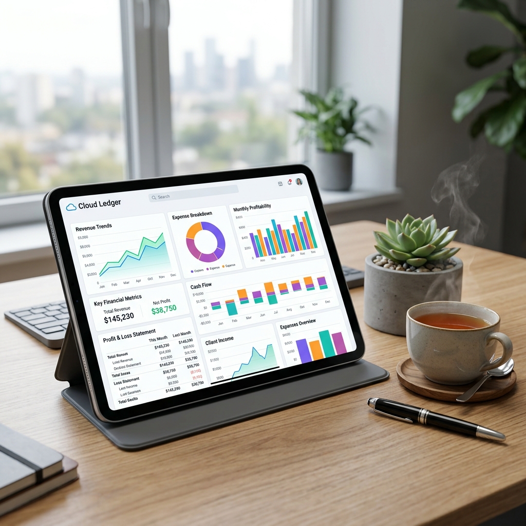 Cloud accounting system setup dashboard on a tablet next to a cup of Ceylon tea